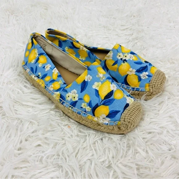 NWOT ANN TAYLOR blue & yellow lemon print tapestry summer espadrille shoes SZ 6 - Picture 5 of 17
